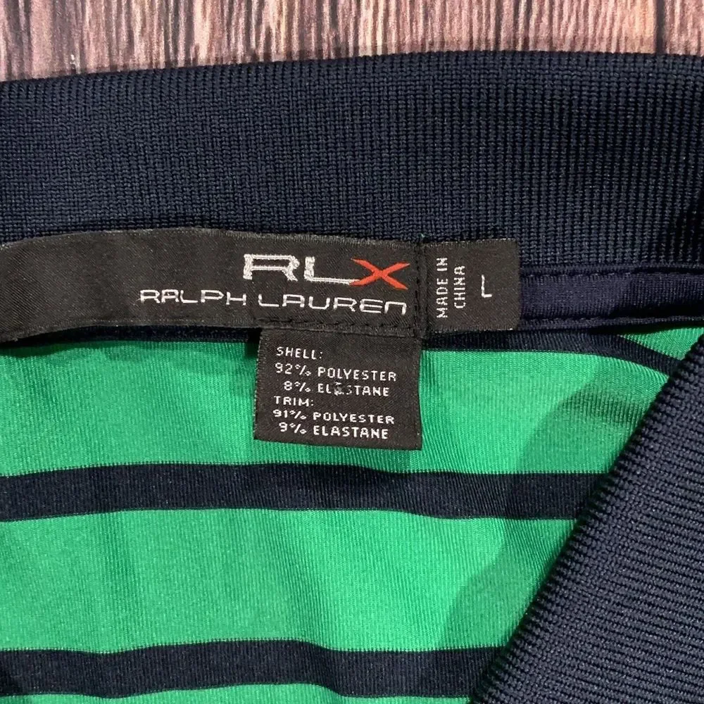 Ralph Lauren RLX Mens Golf Polo Shirt Green‎ Blue Striped Button Collar Large